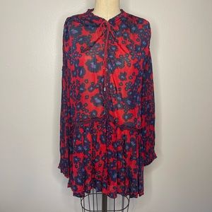 Free People Red Black Cheetah Animal Print Fresh Long Sleeve Tunic Top Medium
